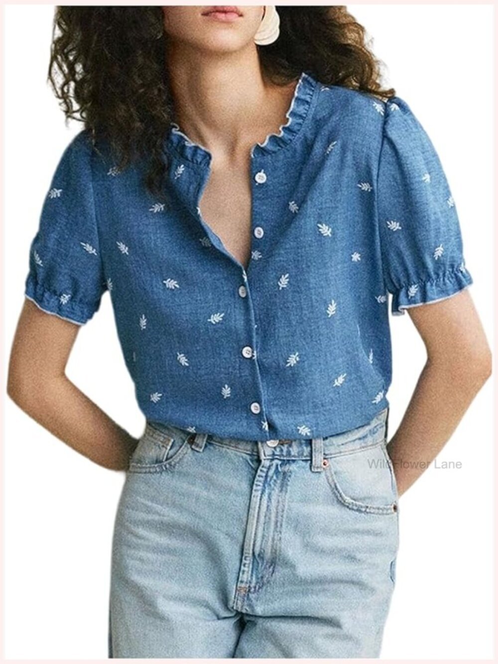 Puff Sleeve Button Down Floral Blouse Frill Trim Boho Shirt